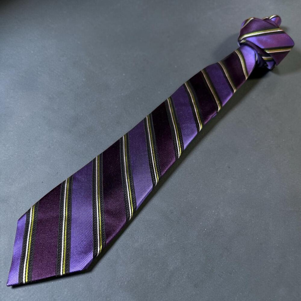 Ben Sherman Striped Rep Tie Mens Purple Green Slim 100%Silk Size 58”